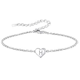 Funny S925 Silver 26 Letter Initial A-Z Heart Pendant Bracelet Gift For Daughter Sisters Friends Mum Birthday Christmas Adjustable Jewellery (H)
