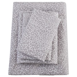 Bedmoon Queen Leopard Sheets, Light Gray Cheetah Pattern Sheets with Corner Straps, Cozy Animal Print Bed Sheet Set with Non-Slip Fitted Sheet, Soft Microfiber Leopard Sheets