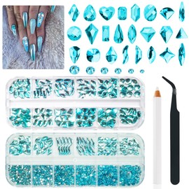 qiipii 24 Styles Aquamarine Nail Rhinestones Lake Blue Stones Diamonds K9 Glass Flatback Water Blue Crystals Gems Jewels Nail Art Charms Supplies for Nails Face Eyes Makeup DIY Crafts Tumblers Clothes