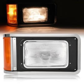 HECASA Right Headlight W/Bezel Compatible with 1990-2017 Mack CH613 SFA Hood Truck Replacement for 2M0516CM Headlamp Set Passenger Side Halogen W/Turn Signal Bulb Clear & Amber Lens