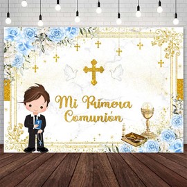AIBIIN 7x5ft Mi Primera Comunion Backdrop for Boy Baptism Christening Party Decorations God Bless First Holy Communion Mi Bautizo Blue Floral Party Banner Photo Props