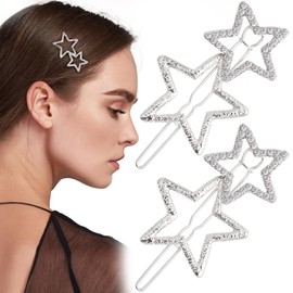 Mxxipp 4pcs Star Hair Pin for Women, Sparkly Rhinestone Crystal Hairstyle Bang Clips, Non-Slip Hollow Barrette Accessories for Long Short Straight Curly Hair- Silver