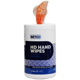DETCO HD Hand & Tool Wipes – Heavy Duty Dual Purpose Cloths for Hands, Tools, & Surface Cleaning – Disposable Waterless Cleaner Towels with Scrubbing Side – 72 Count Tub