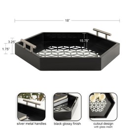 Kate and Laurel Caspen Cut Out Pattern Decorative Hexagon Tray with Silver Metal Handles, 16 x 18, Black and Silver, Modern Glam Serving Tray with Handles for Living Room Décor