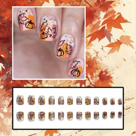 ONPRESS 24Pcs Fall Press on Nails Short Square Fake Nails with Maple Leaf Pumpkin Design Colorful Glue on Nails Orange Thanksgiving Autumn Full Cover False Nails for Women DIY Nails Kit