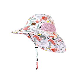 ANIMQUE Baby Girl Sun Hat Toddler Neck Protection Sun Protection Summer Hats Kids Stiff Wide Brim Outdoor Breathable Beach Hat with Adjustable Chin Strap, Pink dinosaur