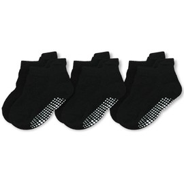 DEFAHN Grippy Socks Baby 3 Pairs Grip Ankle Socks Toddler Newborn Boys Girls Non-slip Grip Socks Cotton Anti Skid Socks 0-3 Years Comfortable, Flexible, Breathable(Black,0-6M)