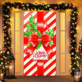 Christmas Bow Door Cover 35 x 71 Inch Indoor Outdoor Door Cover Decoration Christmas Door Decorations Gift Box Bow Banner Cover for Front Door Porch Home Xmas Decor