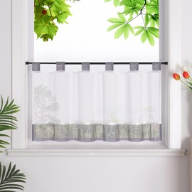HeichkelL Net Curtain with Loops, Linen Look, Semi-Transparent Bistro Curtain, Country House Style, Short Curtains, Grey, H x W 45 x 120 cm
