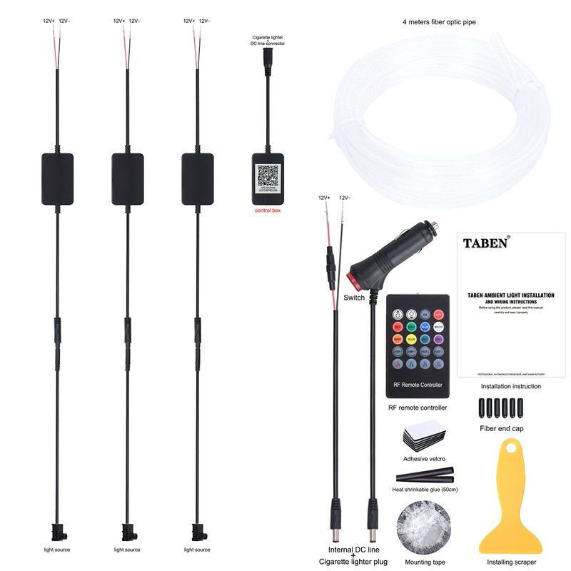 TABEN Car Ambient Light Kit, 4 Metres Integrated Fibre Optic