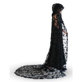 Black Hooded Cape Tulle Cloak Witch Gothic Costume Medieval Renaissance Wizard Vampire Robe with Hood for Women Adults, Black, Chapel length