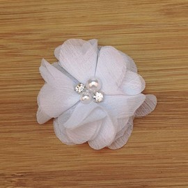 Chenkou Craft Pack of 12pcs Chiffon Flowers Ribbon Bows W/Beads 2-3/8" (60mm) Appliques Wedding Decor Bulk Lots (White)