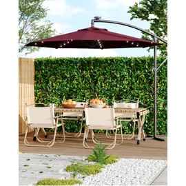 10FT Cantilever Umbrella with Solar Lights for 2-6 People, Outdoor Offset Design with Infinite Tilt and Crank Lift, Fade Resistant Canopy Large Patio Umbrella for Deck Pool Garden Backyard,Wine Red