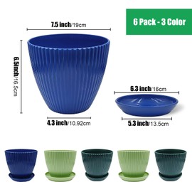 RooTrimmer 6 Pack Plant Pots with Drainage Holes and Saucers 7 Inch Plant Planter with 3 Colors Indoor and Outdoor Flower Pots (Top Diameter 7 inch Plus)