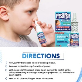 Pressureze All Natural Preservative-Free Sterile Nasal Spray for Children - for Sinus Allergy and Ear Relief - Open Blocked Ear Canals - Kids Fast Relief Decongestant Nasal Spray (245 Sprays, 34 ml)