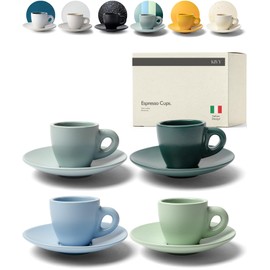 KIVY Espresso Cups Set of 4 [Set 4x 3oz]- Espresso Set Thick Walled Stoneware Espresso Cup Set - Italian Style Espresso Cups and Saucers - Coffee Mugs - Pastell Green, Blue