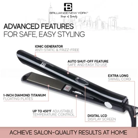 Brilliance New York - 1 Inch Diamond Titanium Flat Iron - 2 in 1 Hair Straightener and Curler - Anti-Static, Frizz-Free Ionic Plates - Auto Shut-Off Dual Voltage Flat Iron w/LCD Display