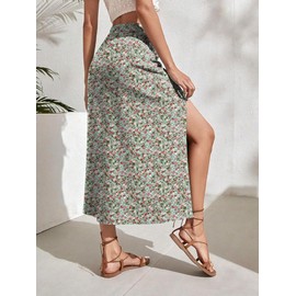 lluviacida Women's Sexy Boho Floral Split Thigh High Waist Swing Midi Skirt for womenFloral Green Large