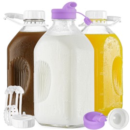 Ritayedet 3 Pack 64 Oz Heavy Duty Glass Milk Bottle with 2 Silicone Spouts, 4 Handles and 4 Reusable Airtight SCREW LIDS, 2 Qt Glass Water Bottle with 2 Exact Scale Lines - Milk & Juice Jug Pitcher