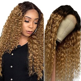 AiPliantfis Curly Wave Human Hair Wig, Blonde, 4x4 Real Hair Wig, Women, 1B27, Ombre, Glueless Human Hair with Natural Hairline Free Part, Bleached Knot, Brazilian Remy Hair, 24 Inches (61 cm)
