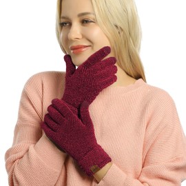 ViGrace Winter Touchscreen Gloves for Women Chenille Warm Cable Knit with 3 Touch Screen Fingers Texting Driving Elastic Cuff Thermal Glove(Burgundy,Large)
