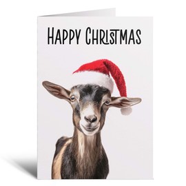 Postcard Prints - Fun Christmas Card of a Goat Wearing A Santa Hat Whimsical Christmas Card For Animal Lover For Him or Her