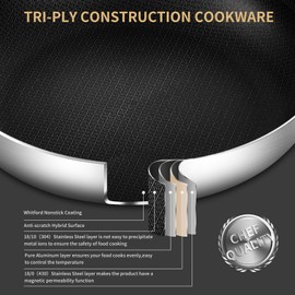 Tri-Ply Stainless Steel 7 Quarts Saute Pan, 12 Inch Nonstick Skillet with lids, Fast even Heat cookware, Hybird Large Frying Pan, 18/10 Chef's Cooking Pan, Induction Pan, Dishwasher and Oven Safe