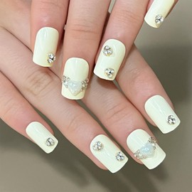 24pcs Short Square False Nails Beige Stick on Nails White Heart Gem Rhinestone Press on Nails Removable Glue-on Nails Full Cover Acrylic Fake Nails Set Women Brides Nail Art Accessories