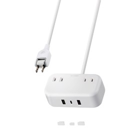 Elecom ECT-25215WH Power Strip, Lightning Guard, USB Tap, 3.9 ft (1.5 m), 2 Ports, USB 32W (USB-A, 2 Ports/USB-C 1 Port), Tabletop Tap, For Business Trips, Travel, USB Port Included, White