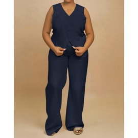 Plus Size Pants Suits for Women Dressy 2 Piece Business Casual Outfits Sleeveless Blazer Wide Leg Pants Pantsuit Sets Navy Blue 4X