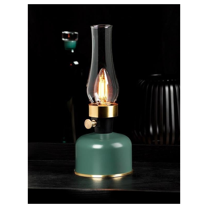 Abbott Collection Green Lantern LED Lamp with Chimney, Portable Table