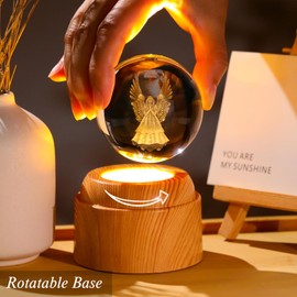 Guardian Angel Gifts 2.36in 3D Engraved Angel Crystal Ball with Rotatable Warm Light Wood Base, Guardian Angel Figurines Memorial Gifts for Women Mom Friends