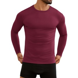 URRU Thermal Underwear for Men Fleece Lined High Stretch Long Sleeve Crewneck Thermal Shirts Base Layer Top Wine Red S
