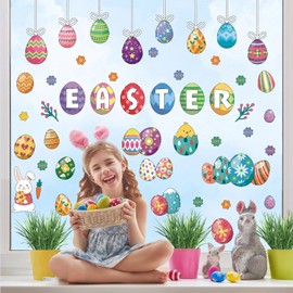 LHIUEM Easter Window Stickers,Funny Easter Egg Window Decals,Bunny Stickers for Nursery, Rabbit Egg Basket Door Wall Decals for Party,Spring Clings Decoration for Kids Room Bedroom Home Wall Art Decor