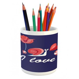 Ambesonne Snail Pencil Pen Holder, I Love You are My Home Theme with Blooms Valentine's Hearts Love, Ceramic Pencil Holder for Desk Office Accessory, 3.6" X 3.2", Dark Pink Indigo