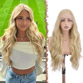 FESHFEN Lace Front Wig - Long Wavy Curly Synthetic Glueless Wigs 13x5x1 HD Lace Hand Tied Pre Plucked Hairline Wigs for Women, Dirty Blonde 28 inch