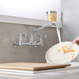 BWE Kitchen Faucet Wall Mount Dual Handles Commercial Sink Faucet with 14 Inch Swivel Spout Kitchen Faucets Utility Laundry Restaurant Chrome Solid Brass Mixer Tap Laundry Faucet