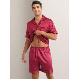 Lars Amadeus Men's Satin Sleepwear Short Sleeve Nightwear Shorts Summer Pajamas Set 2 Pieces Red X-Large