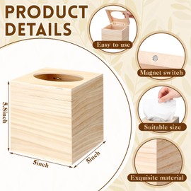 Wonderjune 6 Pcs Wood Tissue Box Cover for DIY Unfinished Wood Box Custom Design Square Wooden Tissue Cover Holder with Flip Opening Top for Arts Crafts Bathroom Decor Home Decor, 5 x 5.4 Inch