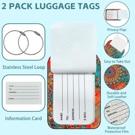 iapodiad 2 Pack Cute Luggage Tag for Suitcases Mandala Art Leather Luggage Tags with Stainless Steel Loop Privacy Flap Name Tags,Men and Women Travel Bag Suitcase Tags