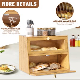 JUATPNIY Large Double Layer Wooden Bread Box for Kitchen Countertop，Bread Storage Container Farmhouse BreadBox Bread Holder Bin (Natural bamboo)