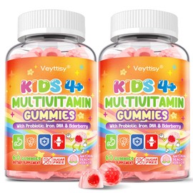 Sugar Free Kids Multivitamin Gummies - Kids Vitamins with Iron, Probiotics & Omega-3 for Healthy Growth - Plus Elderberry, Vitamin C, D3 & Zinc for Immunity - Ages 4-12, Natural Peach Flavor