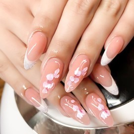 YOSOMK French Tip Nude Press on Nails Almond Medium Fake Nails with Flower Designs Glossy False Nails Bling Sequins Glue on Artificial Nails for Women