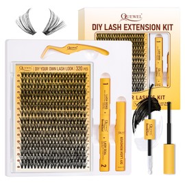 QUEWEL DIY Lash Extension Kit,320 Pcs Lash Clusters Kit 40D Individual Eyelashes 9-16mm Eyelash Extension Kit with Lashes Bond and Seal,Glue Remover and Tweezers(DJ-40D-TZ)