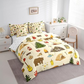Camping Adventure 7Pcs Comforter Set Full Boys Teens Girls Kids Room Decor Cartoon Bear Tent Mountain Tree Fitted + Flat Sheet Outdoor Life Bedding Set Traveling Lover 2 Pillow Cover,2 Pillowcases