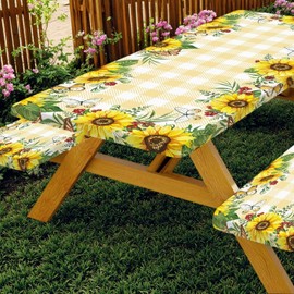 Sunflower Picnic Table Cover with Bench Covers, Fall Yellow Buffalo Plaid Summer Floral Farmhouse Waterproof Tablecloth for Camping Indoor Outdoor Party Decorations, 30X72in