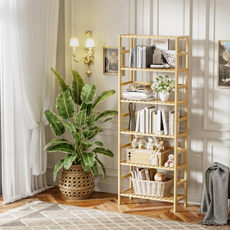 HITNET Bamboo Shelf, 6-Tier Adjustable Tall Open Bookcase, Bathroom Storage
