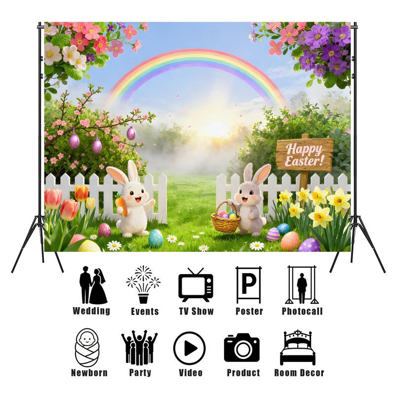 Easter Backdrop for Photography Banner - High-Density Non-Reflective Fabric Happy