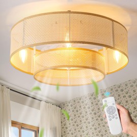 20'' Boho Ceiling Fan with Light, Rattan Caged Ceiling Fans with Lights and Remote Control, Coastal Enclosed Flush Mount with 6 Speeds for Living Room Bedroom Nursery