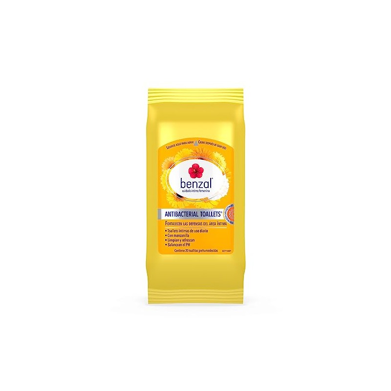 Benzal Toallets, Toallitas Humedas Íntimas, Manzanilla, Antibacterial, Paquete De 20